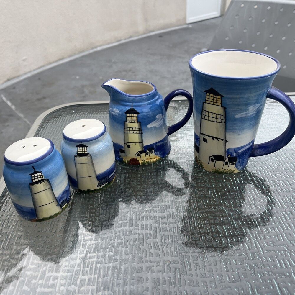 Blue & White Coastal Lighthouse Ceramic Set: 4 Pieces Nautical Kitchen Decor